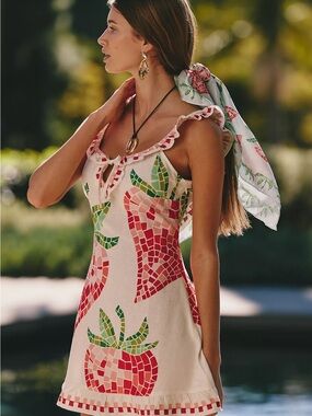 Anthropologie Celandine Strawberry Embroidered Open-Back Mini Dress